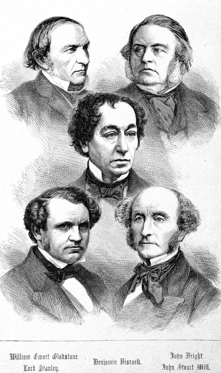 Portrait of William Ewart Gladstone, John Bright, Lord Stanley, John Stuart Mill and Benjamin Disraeli - in “” The Contemporains”, n.d. late 19th century. av Unknown artist