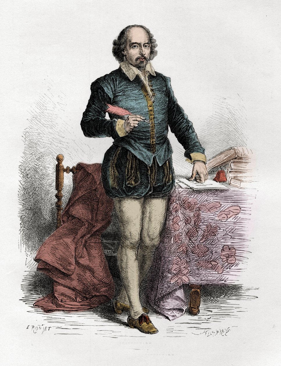 Portrett av William Shakespeare (1564-1616), engelsk forfatter - gravering i "The History of England, from the earlyste times" av Francois Guizot 1877 av Unknown artist