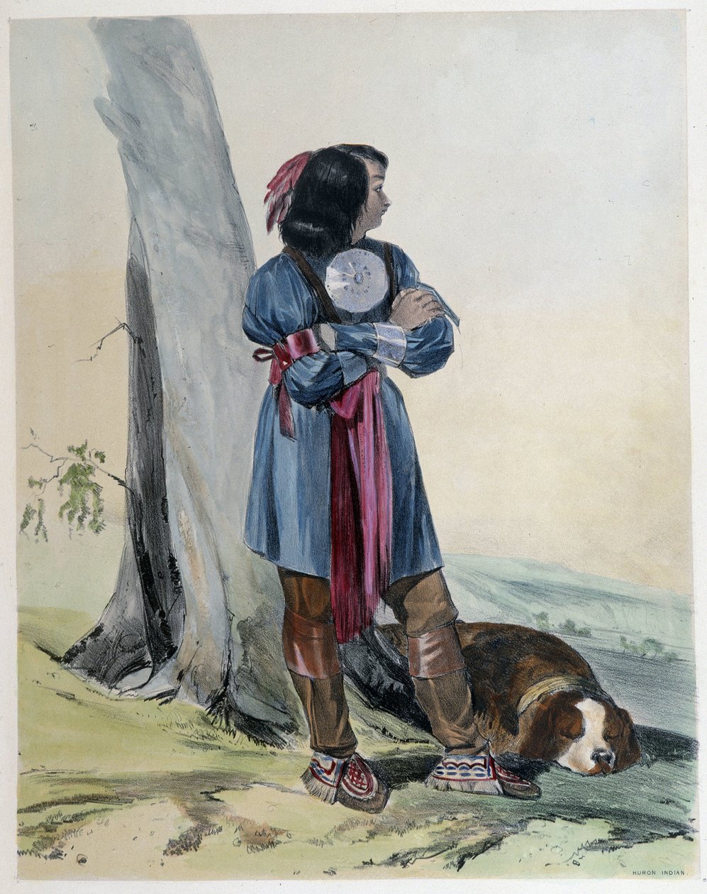 Portrett av en Huron, indianer fra Canada, med sin hund - i "" Shyths skisser i Canadas"" av Coke Smyth, London av Unknown artist