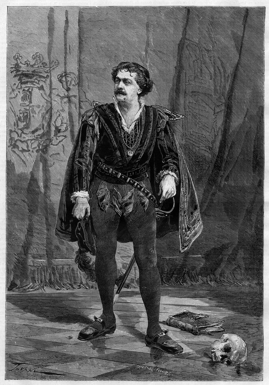 Portrait of actor Ernesto Rossi in the role of Hamlet by William Shakespeare at the theatre Ventadour in Paris in 1875. av Unknown artist