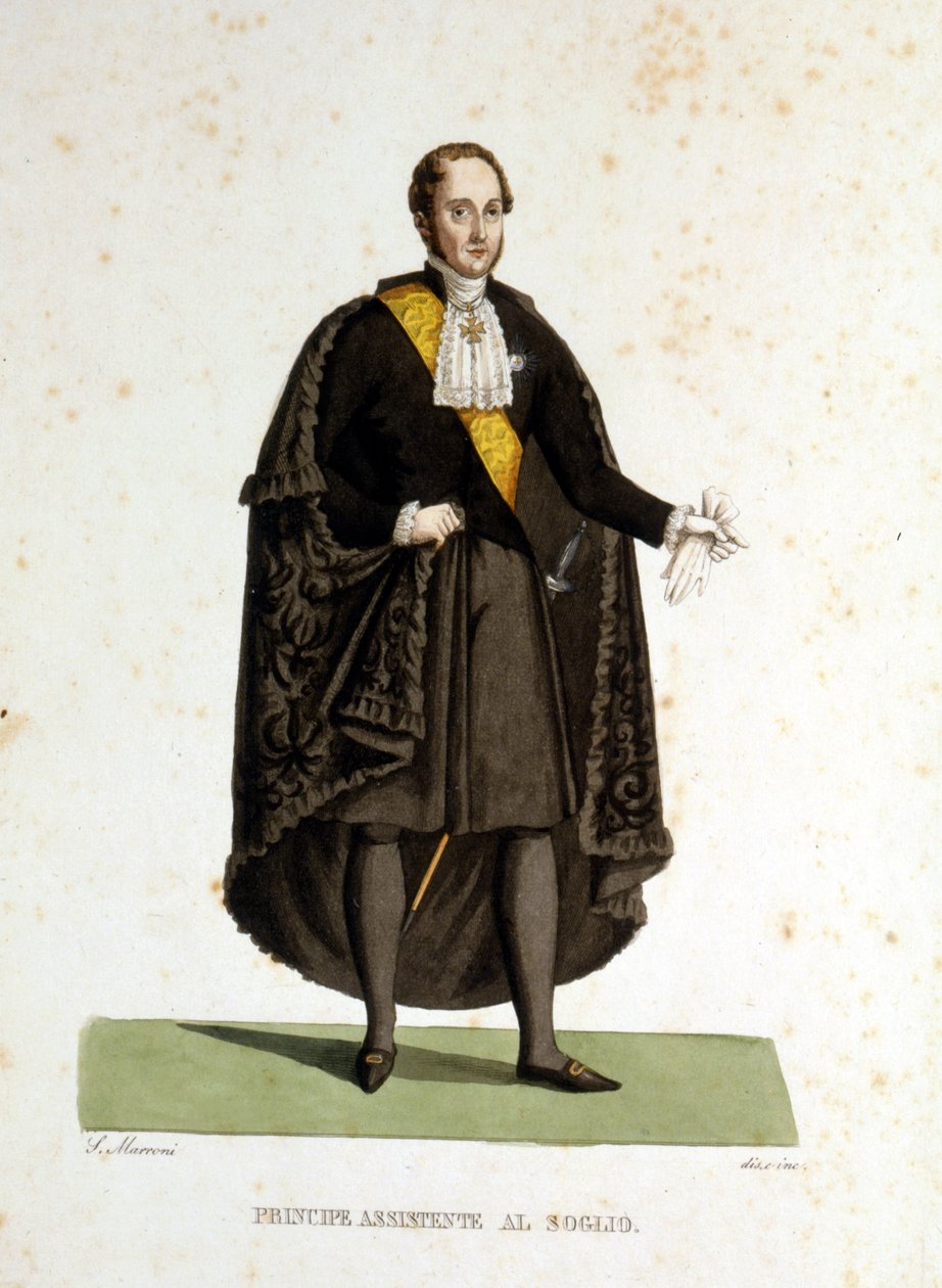 Portrett av en assisterende prins av Den hellige stol som tjenestegjorde under seremonier og besøk. Gravering av 1800-tallet. av Unknown artist