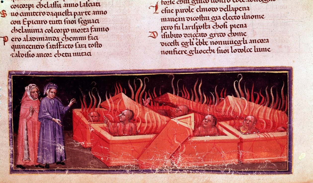Portrett av den italienske poeten Dante Alighieri blant Virgil kjettere (sang X of Hell, in the Divine Comedy) - Miniatyr av Unknown artist