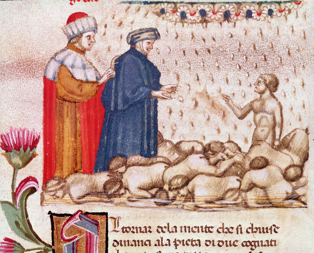 Portrett av den italienske poeten Dante Alighieri i fråtsingens sirkel (sang 6 fra helvete, i den guddommelige komedie) - miniatyr 1400-tallet av Unknown artist