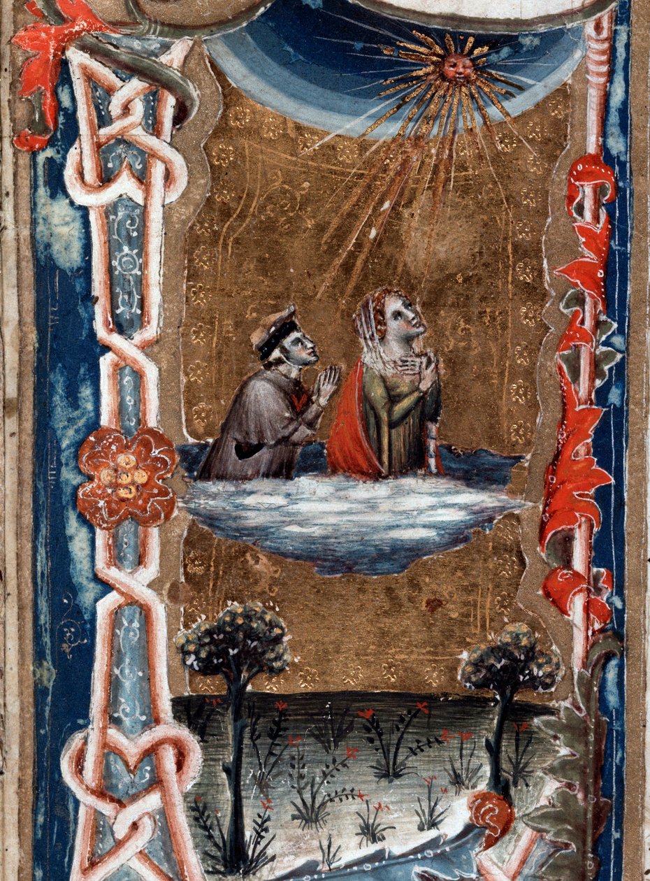 Portrett av den italienske poeten Dante Alighieri med Beatrice, i den guddommelige komedie - miniatyr av Unknown artist