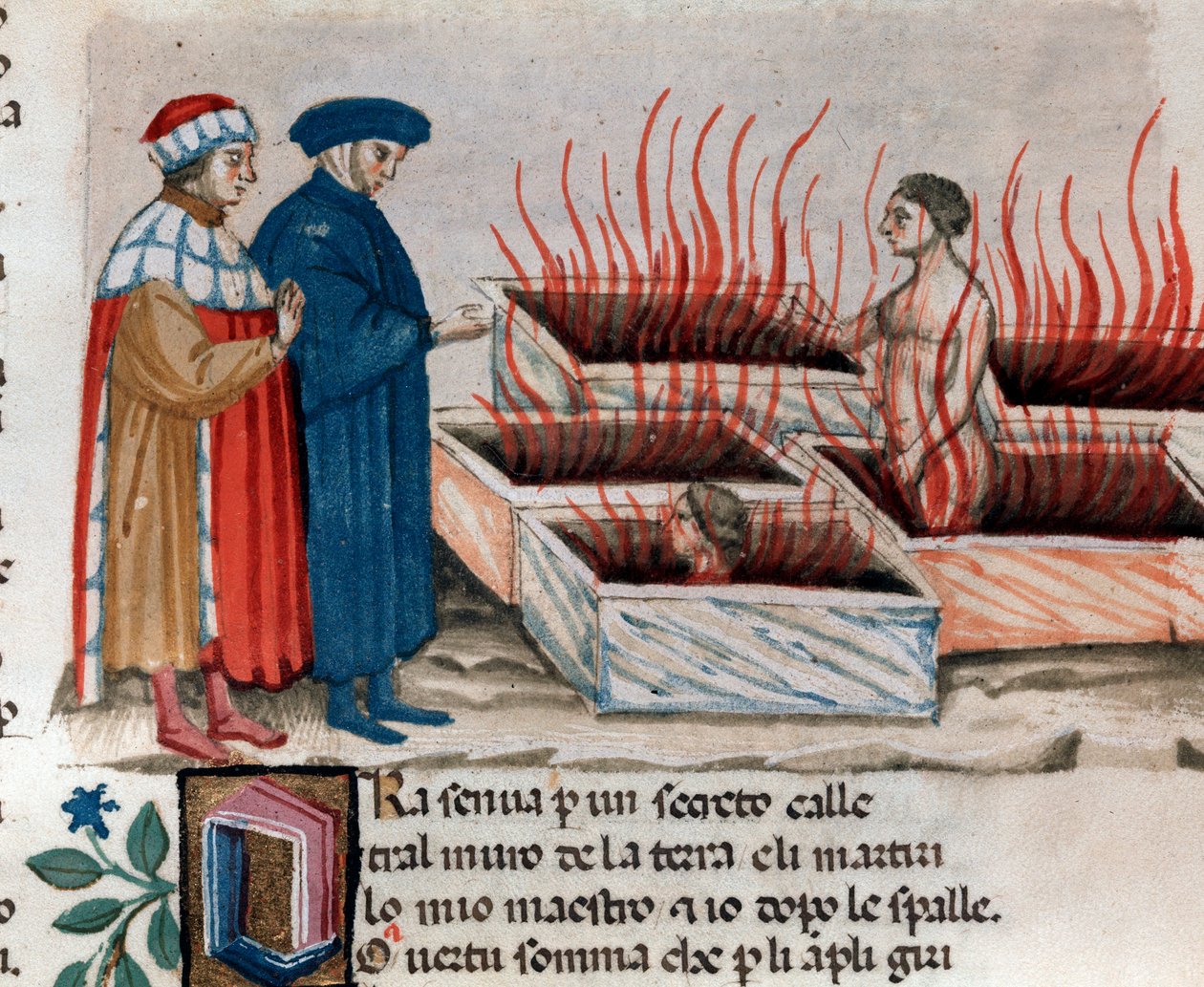 Portrett av den italienske poeten Dante Alighieri med Virgil blant kjettere som Farinata degli Uberti (sang 10 fra helvete, i den guddommelige komedie) - miniatyr 1400-tallet av Unknown artist