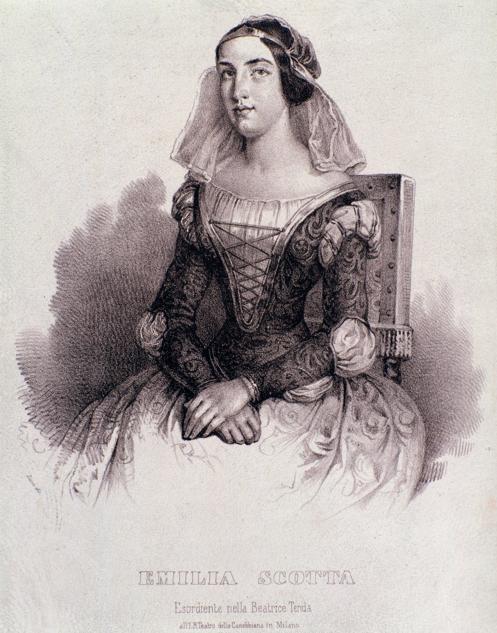 Portrett av sangerinnen Emilia Scotta i operaen Beatrice de Tende av Unknown artist