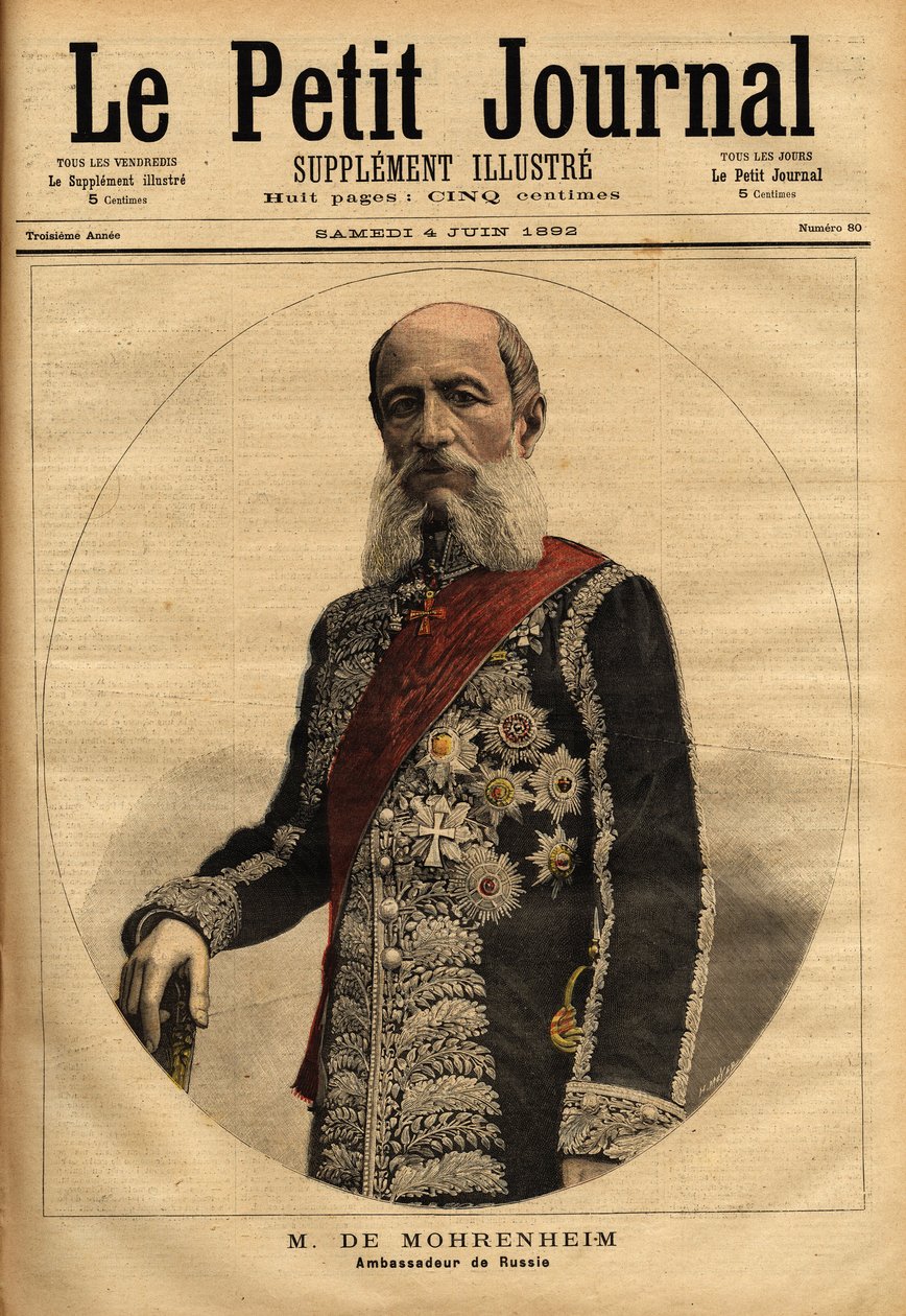Portrett av baronen av Mohrenheim, russisk ambassadør i Frankrike fra 1884 til 1898. Gravering i “” Le petit journal”” 4/06/1892. Selvas samling. av Unknown artist