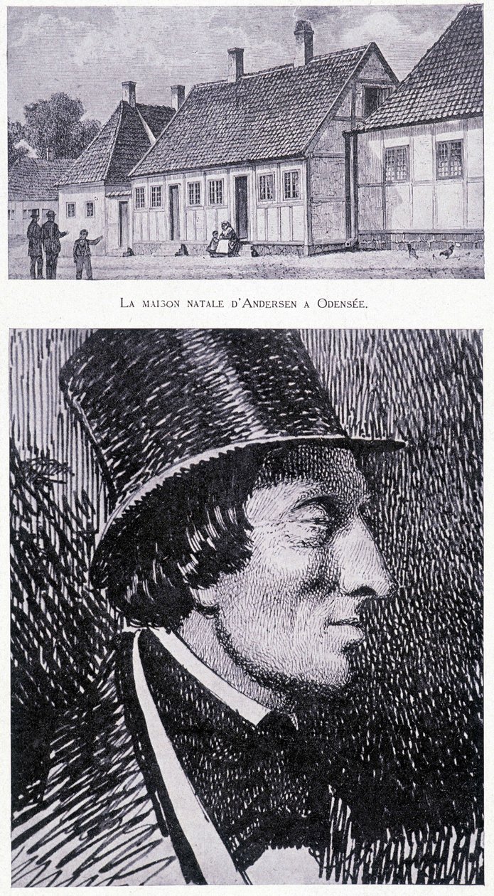 Portrett av den danske forfatteren Hans Andersen (1805 - 1875) og huset hans i Odensee, Danmark, cirka 1832. av Unknown artist