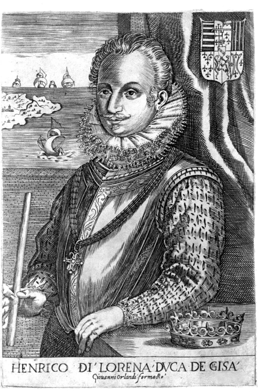 Portrett av hertugen av Guise (Henry I av Lorraine, kjent som Scalafre (1550 - 1588)). Gravering fra 1600-tallet. av Unknown artist