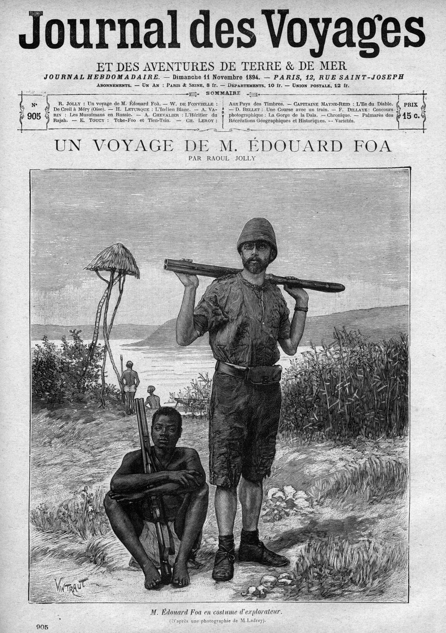 Portrett av oppdageren Edouard Foa (1862-1901) gravering i "" Le journal des voyages"" nummer 905, 11. november av Unknown artist