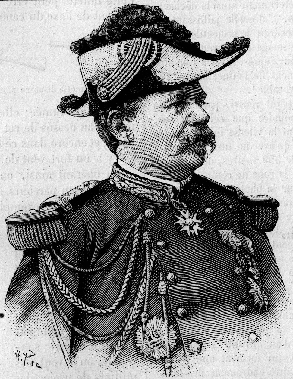 Portrait of the French general Francois Perrier (1833-1888). Engraving in “” La Nature: revue des sciences et de leurs applications aux arts et a l