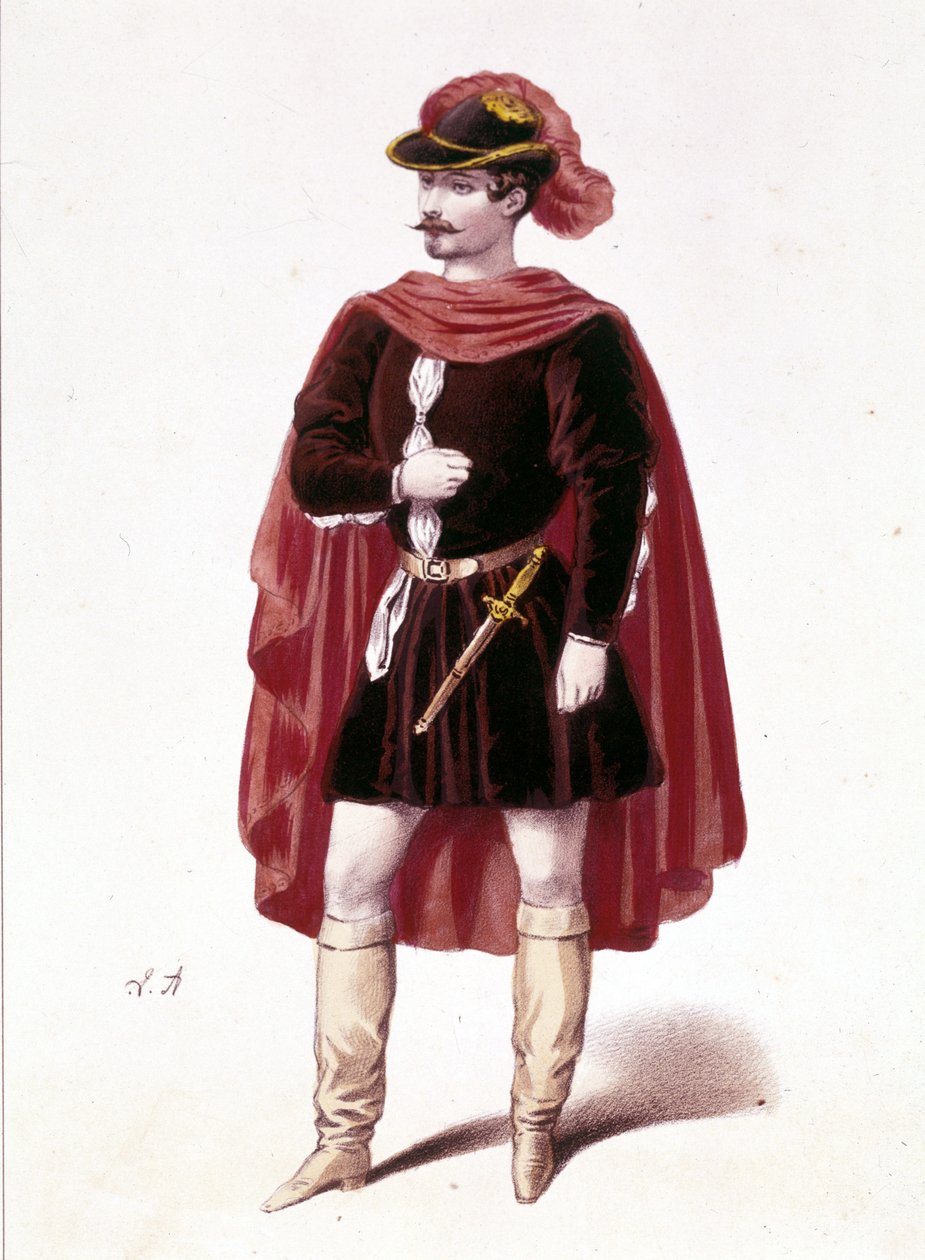 Portrett av den franske tenoren Louis Gueymard (1822 - 1880) i rollen som Henri i første akt av "I vespri siciliani" (Den sicilianske vepres) av Giuseppe Verdi av Unknown artist