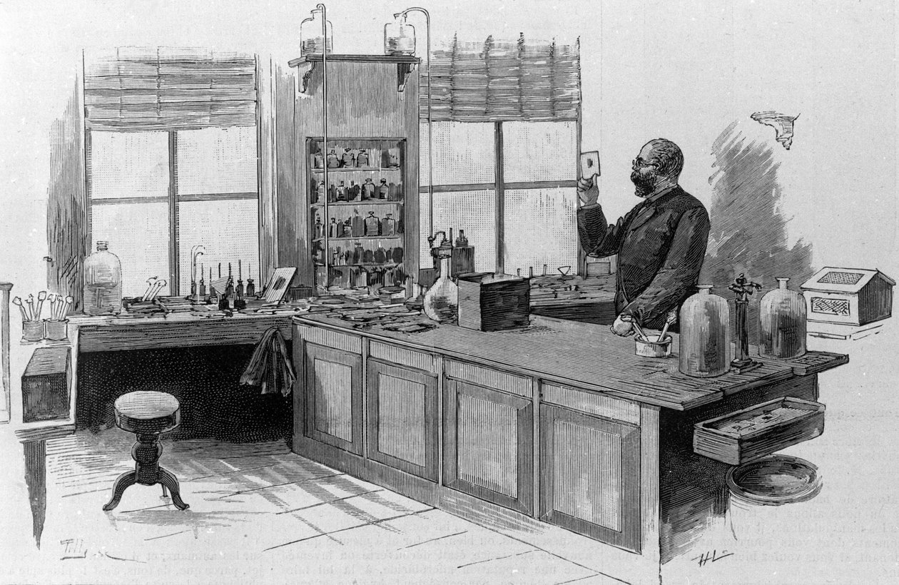 Portrett av den tyske legen Robert Koch (1843-1910) i laboratoriet hans. av Unknown artist