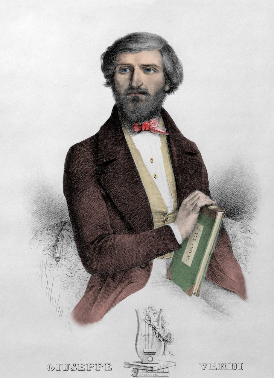 Portrett av den italienske komponisten Giuseppe Verdi (1813 - 1901) med partituret for "" i Due Foscari"" Gravering fra 1844. av Unknown artist