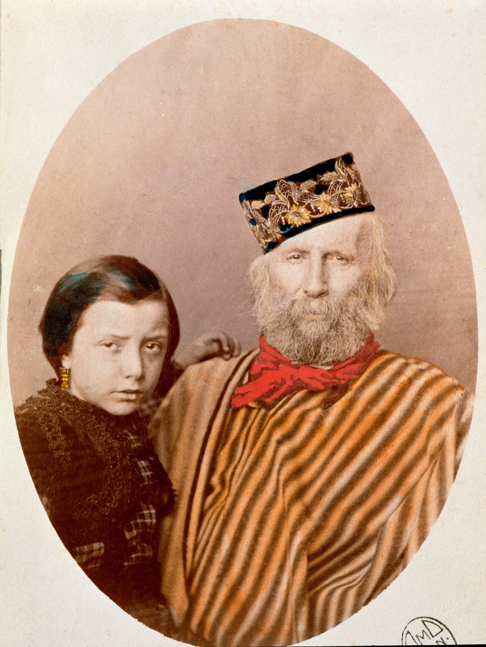 Portrett av den italienske patrioten og heltene til Risorgimento Giuseppe Garibaldi (1807-1882) med datteren Clelia (1867-1959), datter av hans tredje kone Francesca Armosino av Unknown artist