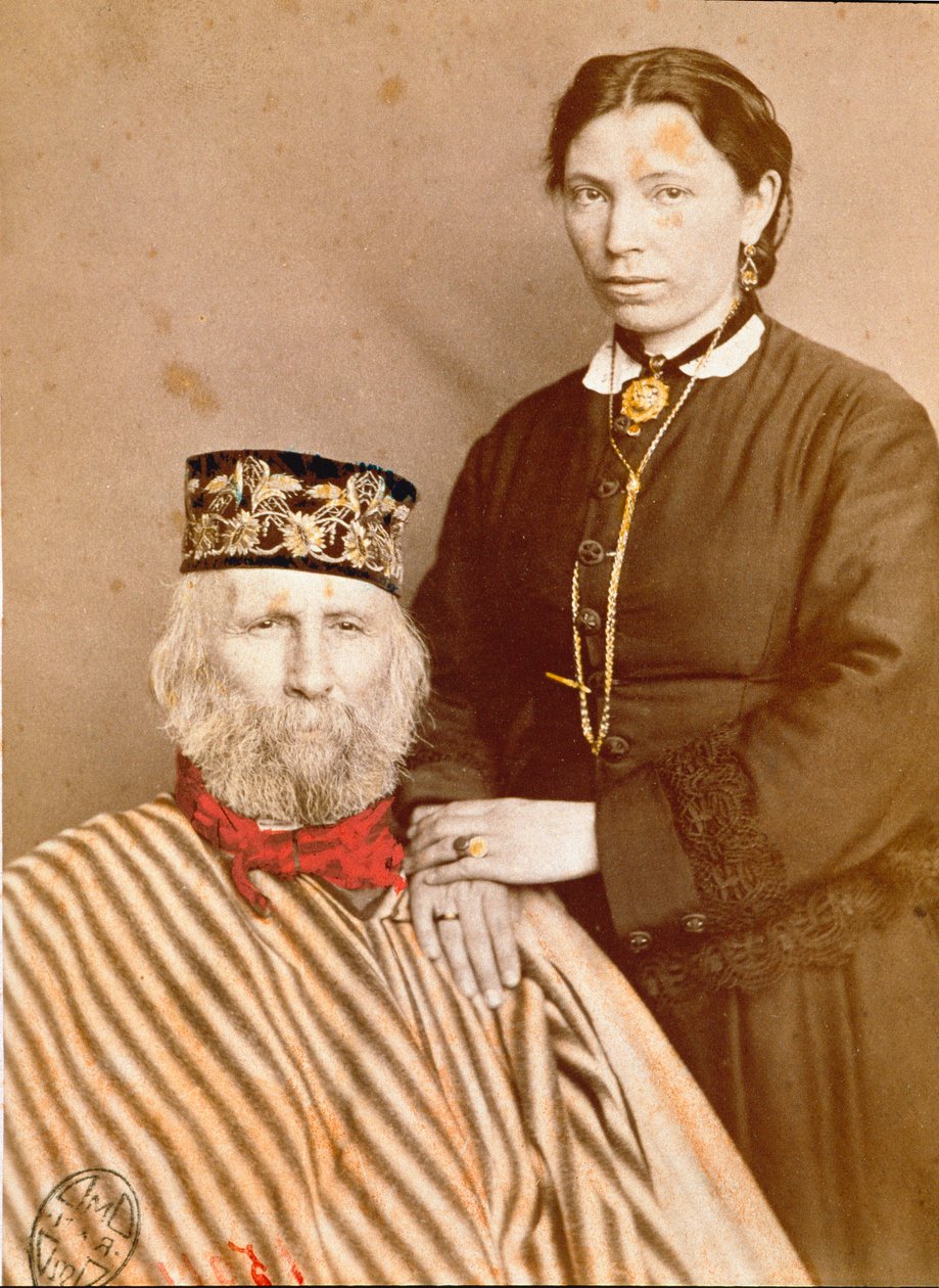 Portrett av den italienske patrioten og heltene til Risorgimento Giuseppe Garibaldi (1807-1882) med sin tredje kone Francesca Armosino av Unknown artist