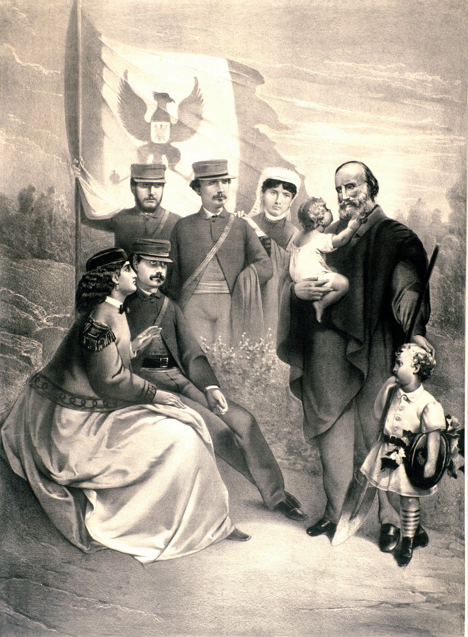 Portrett av den italienske patrioten og heltene til Risorgimento Giuseppe Garibaldi (1807-1882) omgir barna hans Menotti, Ricciotti stående og Teresita, Francesca Armosino og den lille Manlio og Clelia. Illustrasjon rundt 1870. Privat samling av Unknown artist