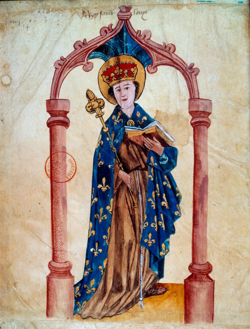 Portrett av kongen av Frankrike Louis IX (Saint Louis) (1214-1270) Miniatyr fra «L'Armorial d'Auvergne»» av Guillaume Revel (1400-tallet). Paris, BN av Unknown artist