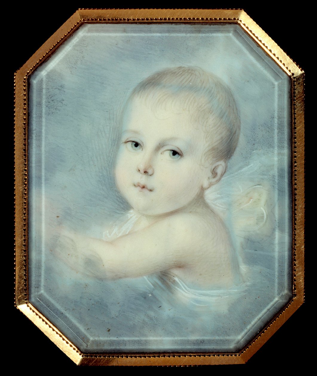 Portrett av kongen av Roma bebe (1811-1832), sønn av keiser Napoleon I (1769-1821) og fremtidige Napoleon II. Anonym åttekantet medaljong fra 1800-tallet. Akvarell under glass. Paris, Musee De La Legion d