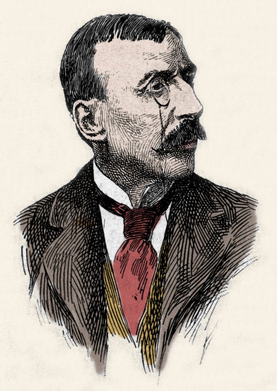 Portrett av den portugisiske forfatteren og diplomaten Jose Maria de Eeca de Queiros eller Queiroz (1845-1900). Gravering av 1800-tallet av Unknown artist