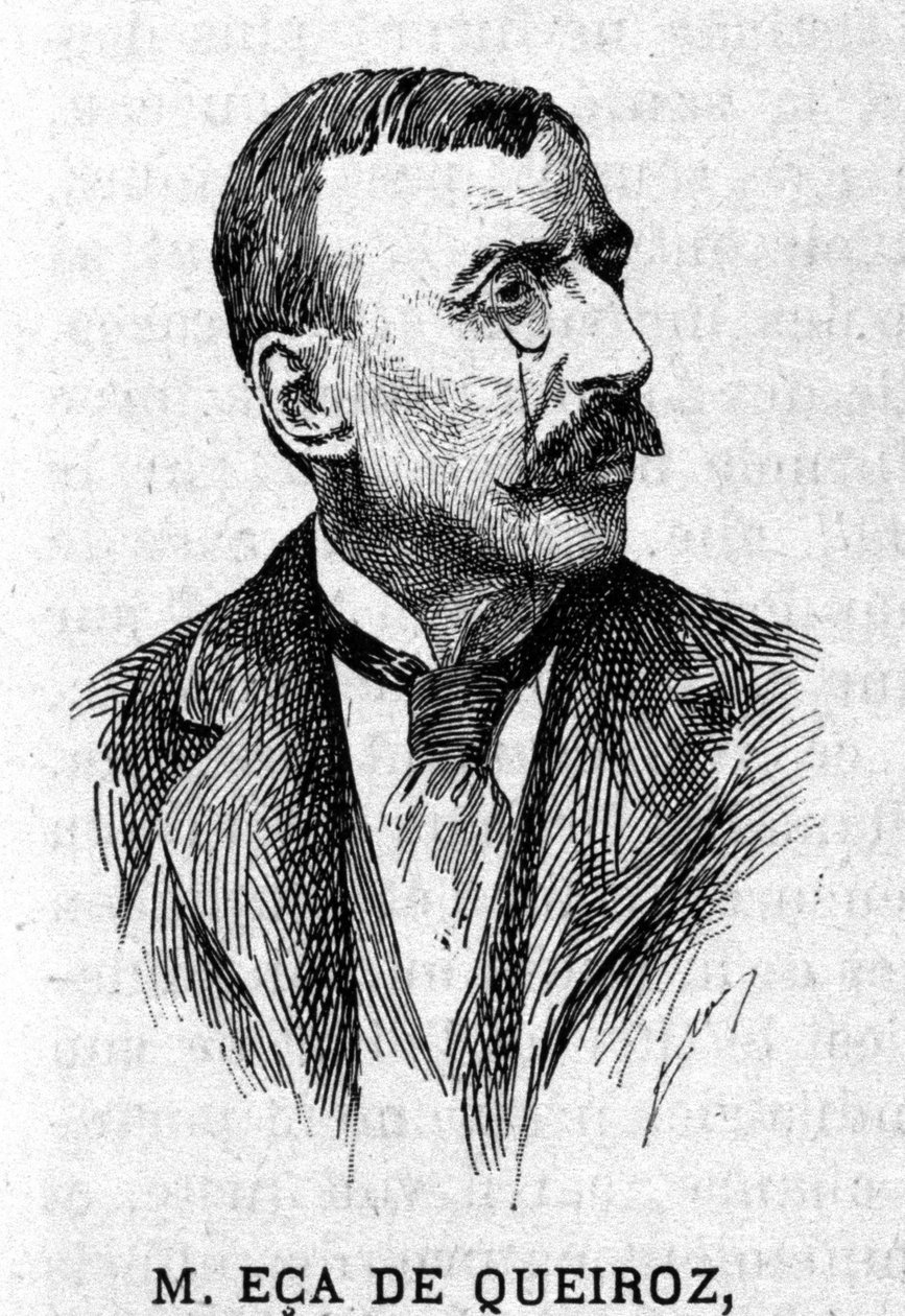 Portrett av den portugisiske forfatteren og diplomaten Jose Maria de Eeca de Queiros eller Queiroz (1845-1900). Gravering av 1800-tallet av Unknown artist