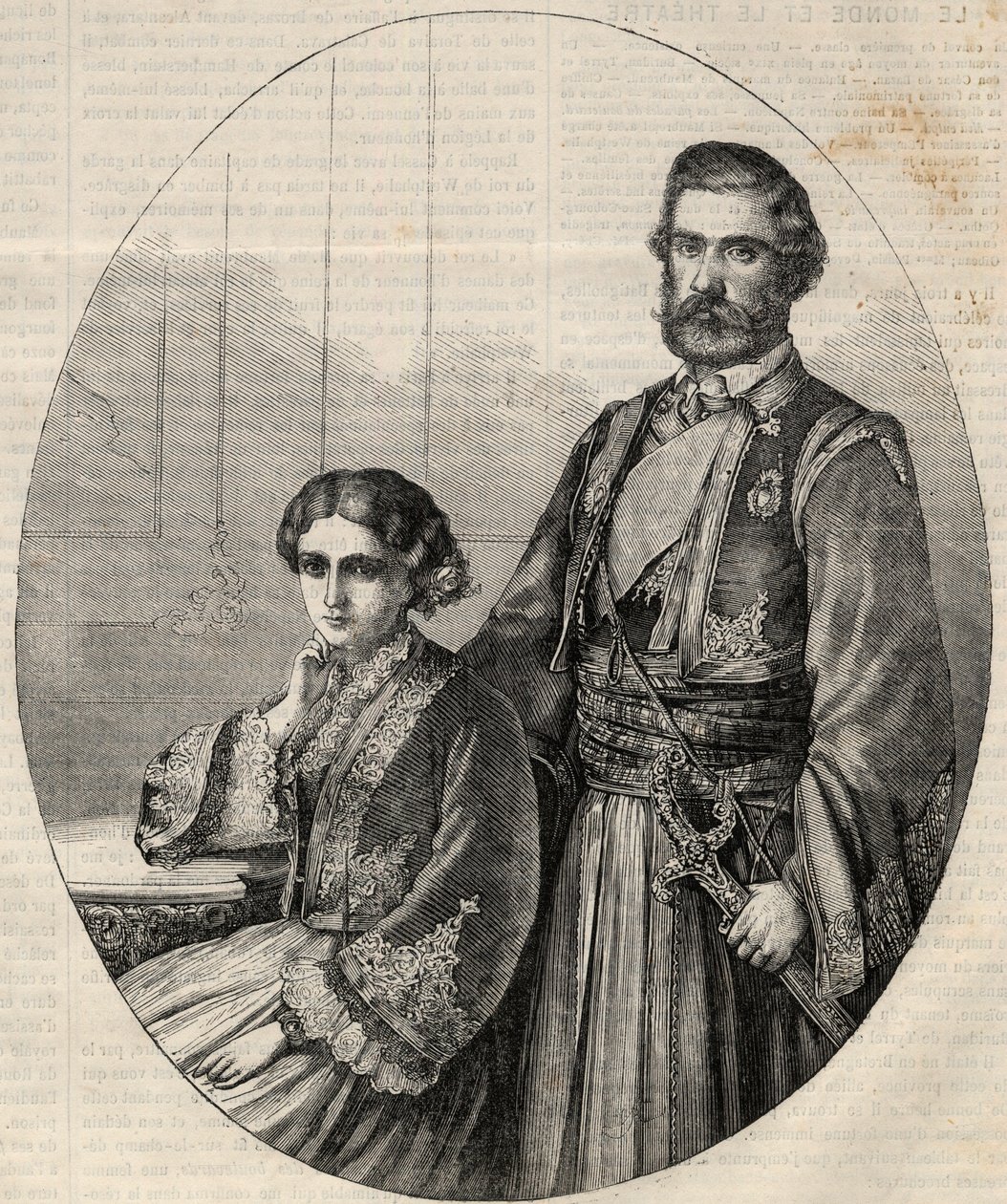 Portrett av prinsen av Serbia Michael III (1823-1868) og prinsesse Julie (1831-1919). Gravering i "" L