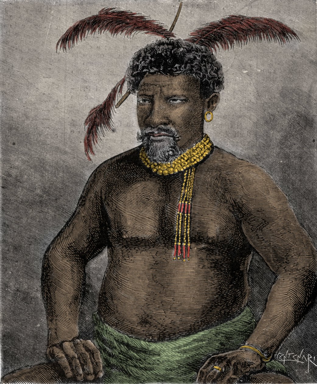 Portrett av zulukongen Cetshwayo (eller Cetawayo, Cetewayo, Cetywajo, Ketchwayo) (1826-1884) Gravering fra 1800-tallet av Unknown artist