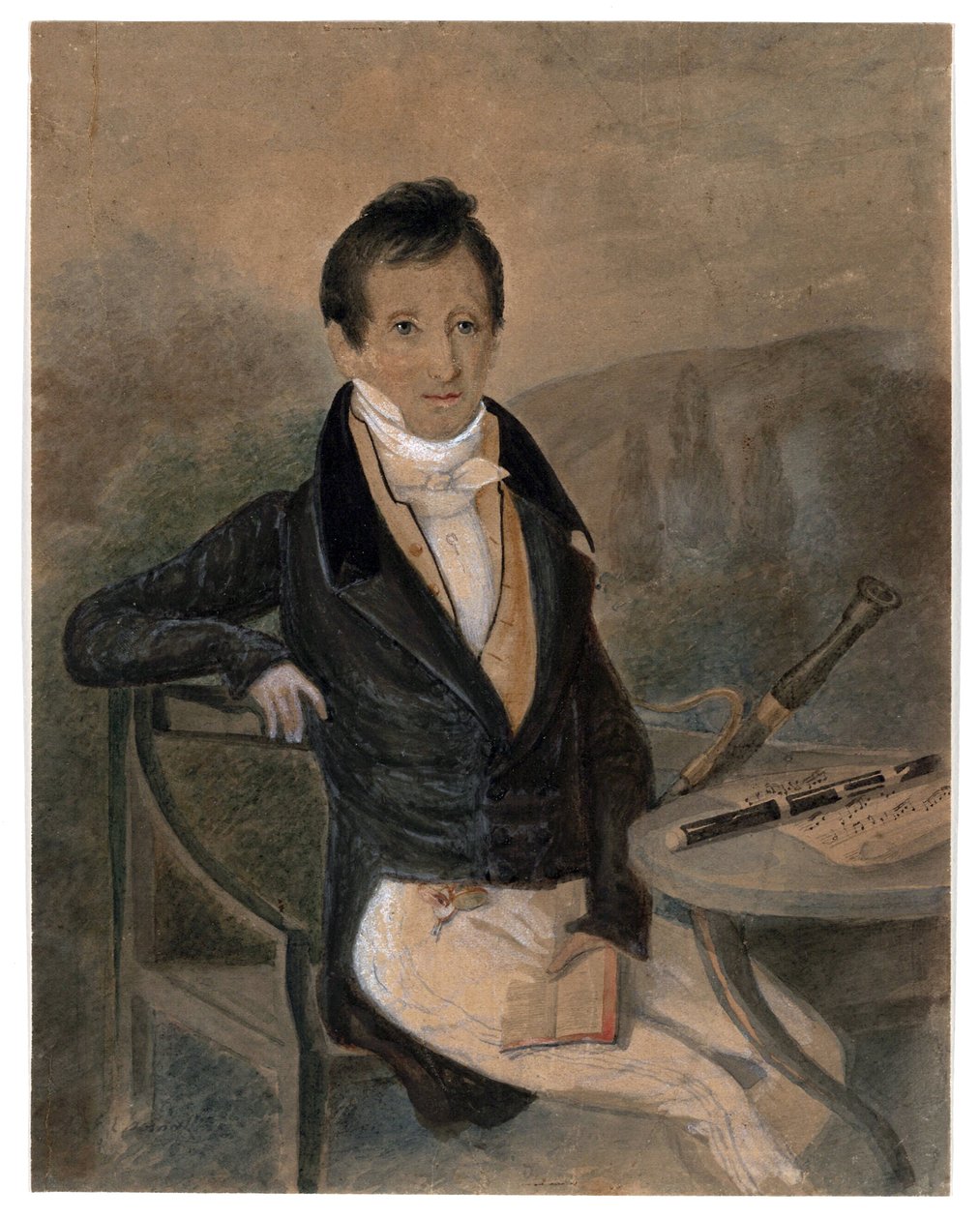Portrett av fløytespilleren Jean-Louis Tulou (1786-1865) par Anonymous, ca. 1840 - Akvarell og hvit farge på papir, 20,6x16,2 - Privat samling av Unknown artist