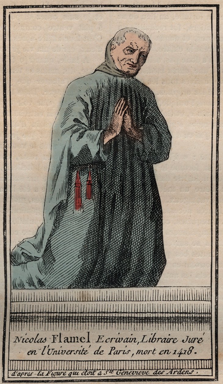 Portrett av den franske alkymisten Nicolas Flamel (1330-1418) - Gravering - Portrett av den engelske alkymisten Nicolas Flamel - Gravering Privat samling av Unknown artist