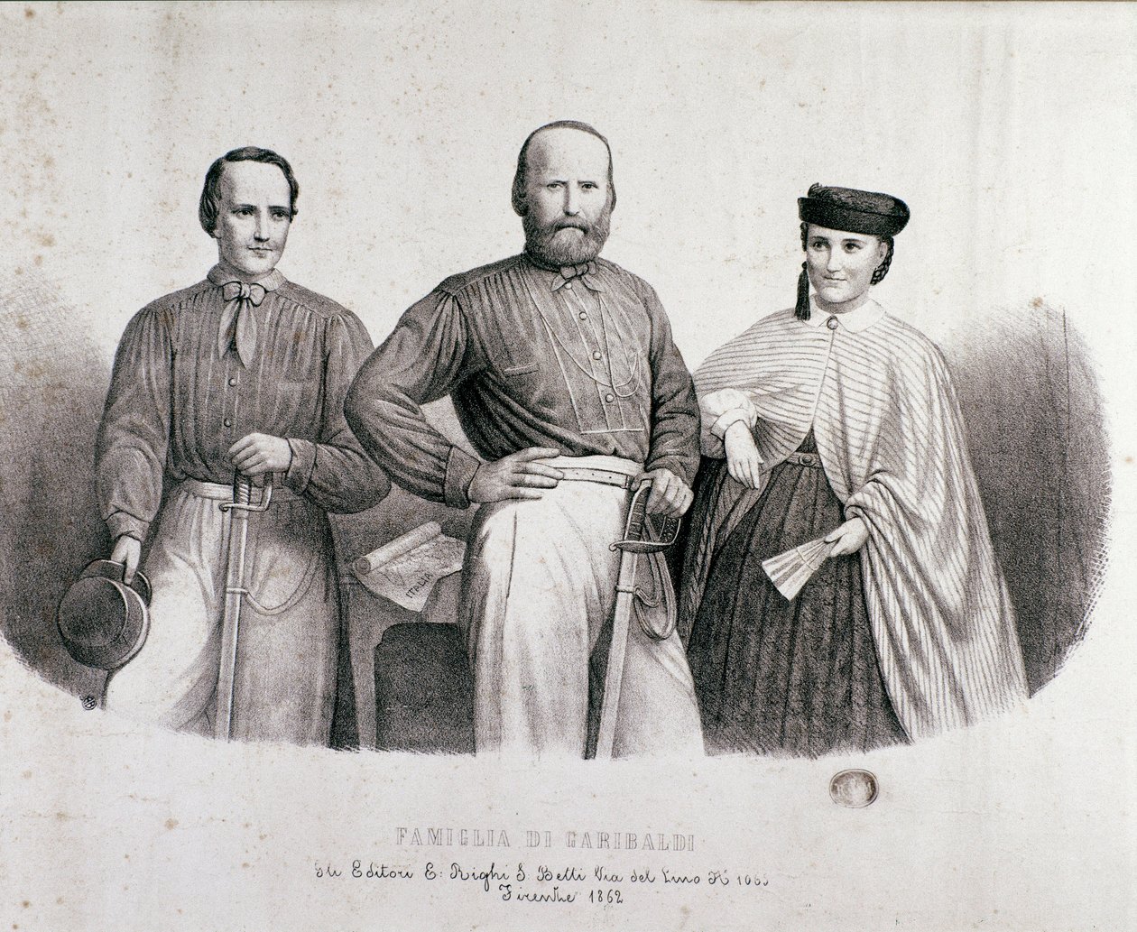 Portrett av patrioten og heltene til Risorgimento Giuseppe Garibaldi (1807-1882) mellom Teresita, datteren hans og kona Stefano Canzio. Litografi av 1862 Privat samling av Unknown artist