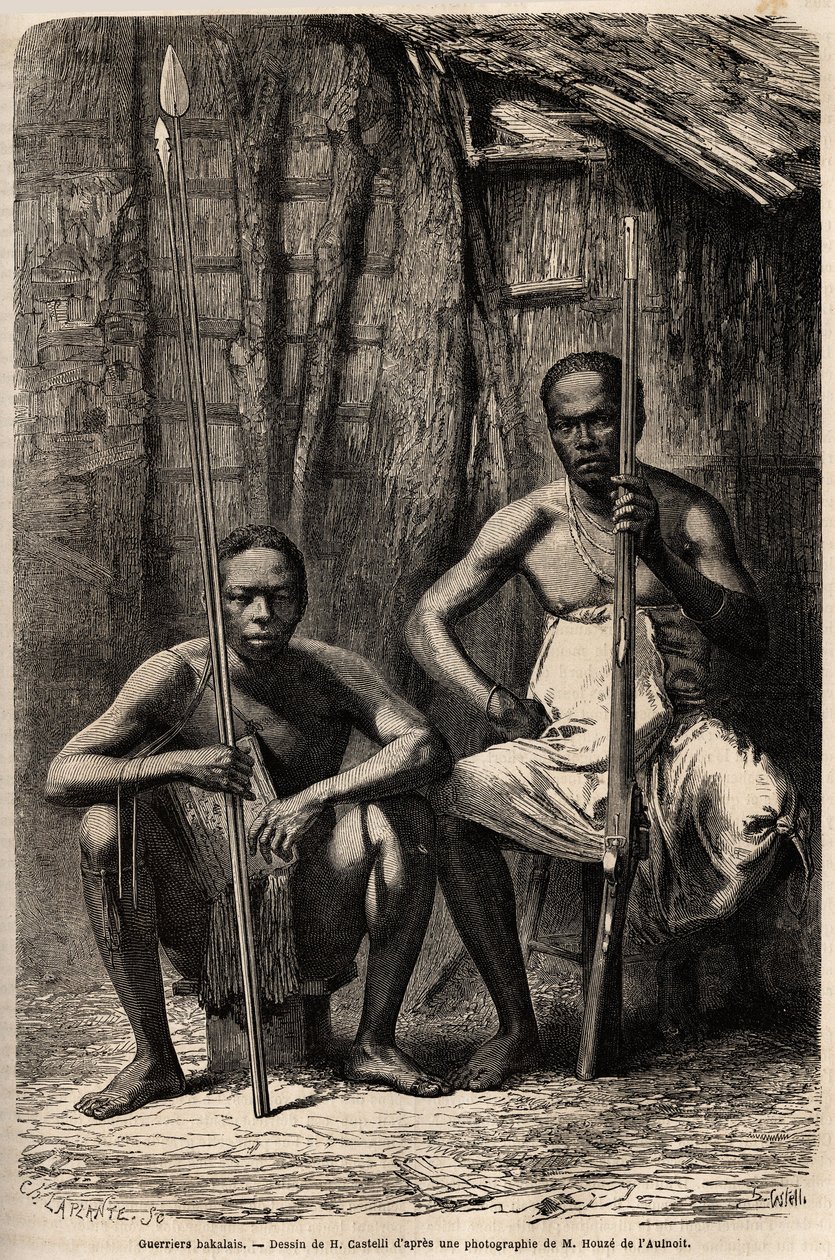 Portrett av to Bakali-krigere. Tegning av H.Castelli, for å illustrere reisen til Gabon, i 1861-1864, til doktor Griffon du Bellay. Gravering i "" Le tour du monde"", redigert av Edouard Charton av Unknown artist