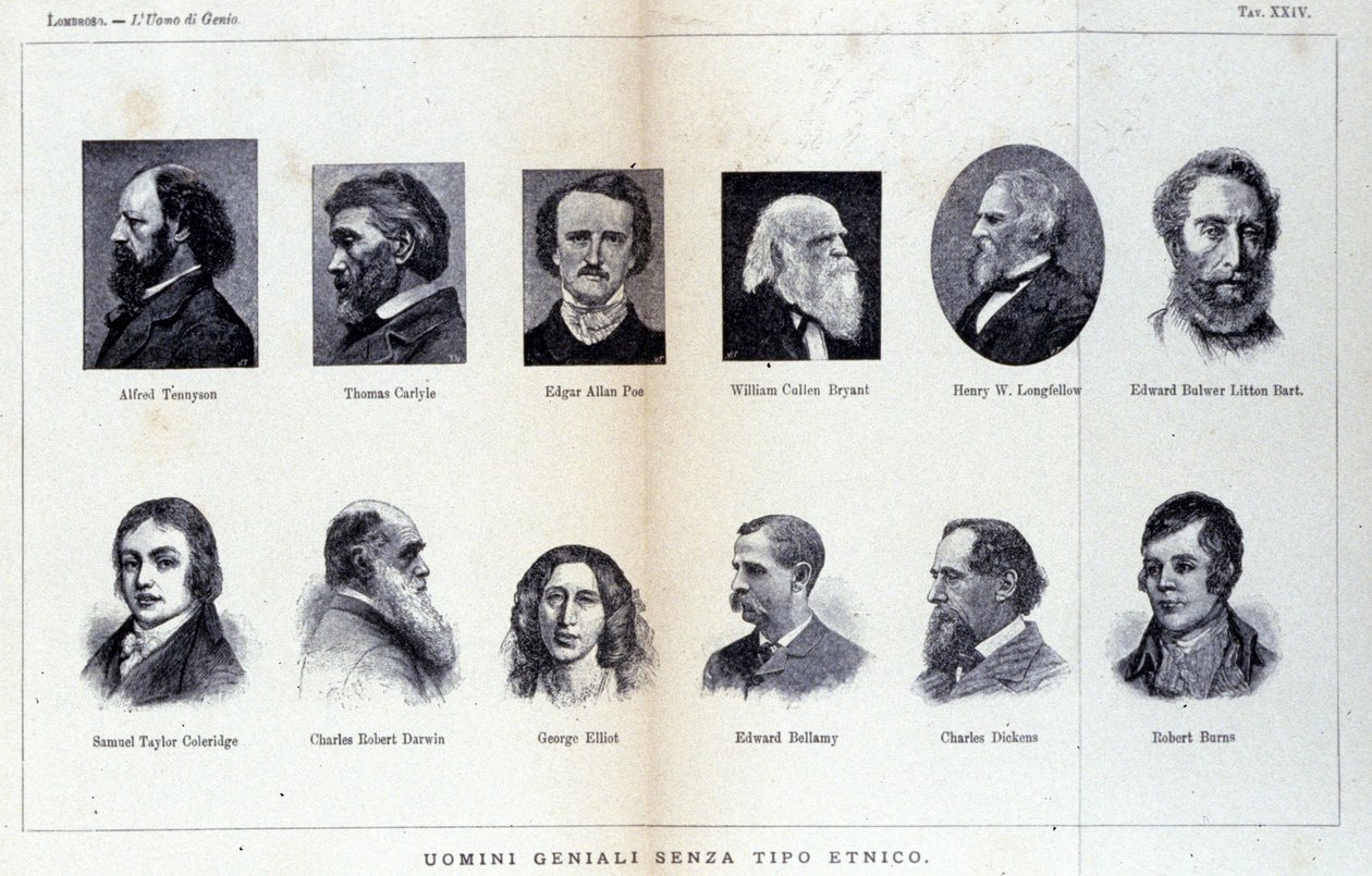 Portretter av forskjellige geniale menn. Studie publisert i ""The man of genius"" av Cesare Lombroso (1835-1909) av Unknown artist