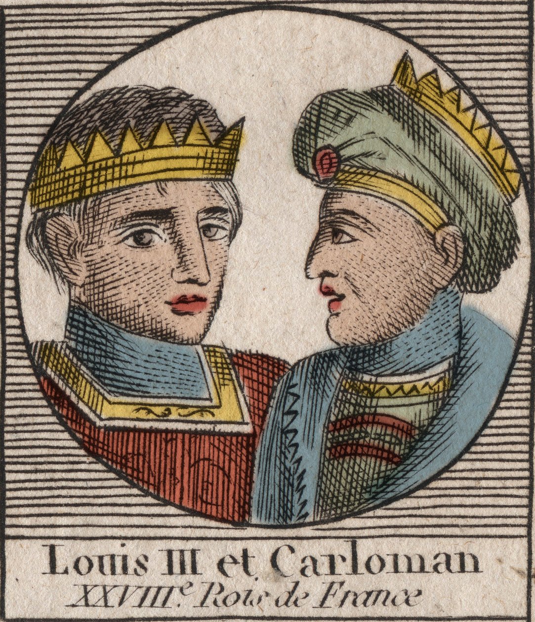 Portraits of Louis III (863/65-882) King of the Francs between 879 and 882 and Carloman II (866-884), King of the Francs from 879 to 884 - Louis II king of West Francia and Carloman II, king of Western Francia - engraving from “Instruction sur l