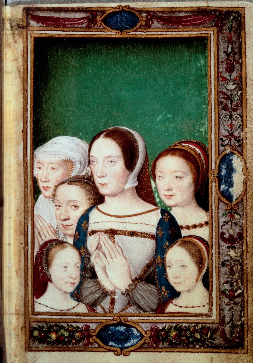 Portretter av døtrene til Francois I og hans to koner. Jenter: Louise (1515 - 1517). Charlotte (1516 - 1524), Madeleine (1520-1537), Marguerite (1523-1574). Claude av Frankrike (1499-1524) og Eleonore av Habsburg (1498 - 1558). Miniatyr i "" Book of ho av Unknown artist