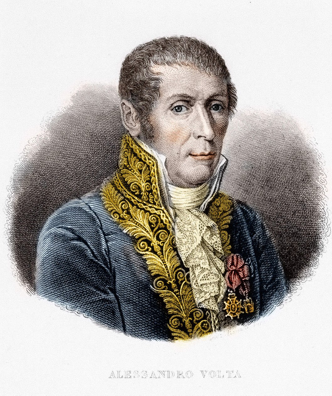 Portrett av Alessandro (Alexandre) Volta (1745 - 1827). Italiensk fysiker, oppfinner av det elektriske batteriet. 1800-talls gravering av Unknown artist