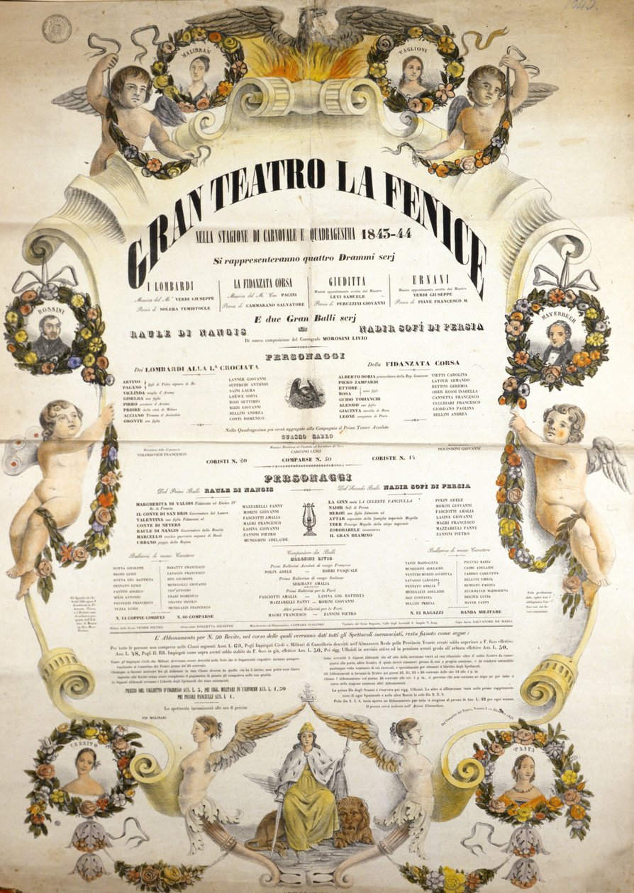Plakat for forestillingen av operaen "" Aida" av den italienske komponisten Giuseppe Verdi (1813-1901) for forestillingen på teatret La Fenice i Venezia i 1843-1844. av Unknown artist