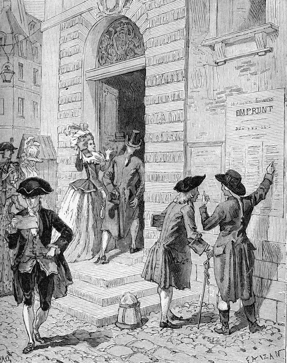 Plakat satt på plass av ministeren og generalkontrolløren for finans Charles Alexandre (Charles-Alexandre) de Calonne (1734-1802) og oppmuntret til et lån. Gravering fra 1800-tallet. I «Histoire de France» av Jules Michelet av Unknown artist