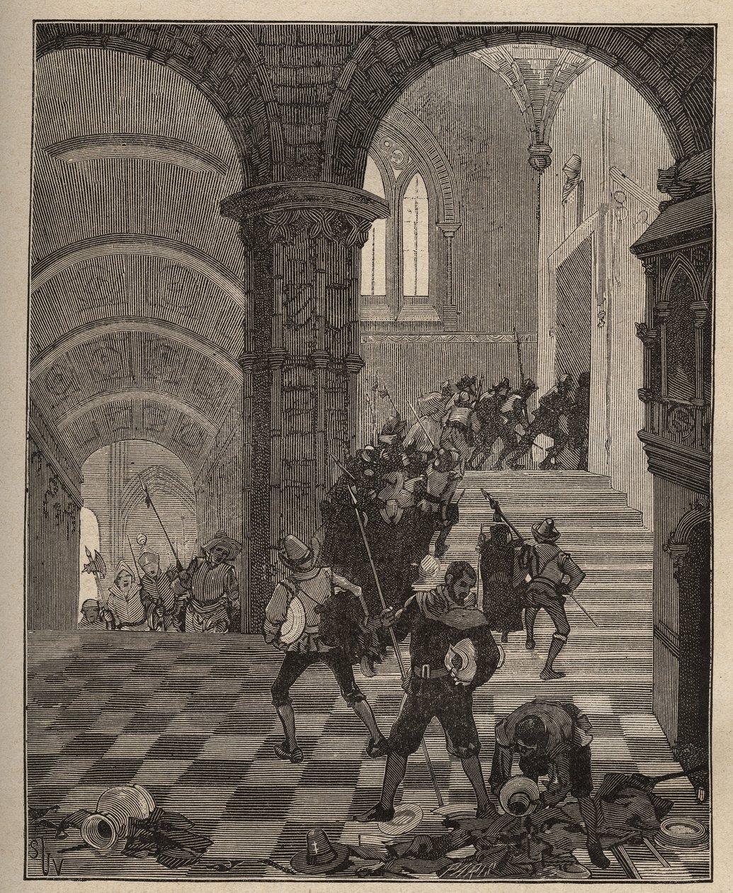 Keramikk: ødeleggelse av "Henri II"-fabrikken under plyndringen av slottet Oiron (Deux Sevres) i 1568 under ligaen. Gravering fra 1885 i "" Les arts et metiers illustres"" av Adolphe BITARD. av Unknown artist