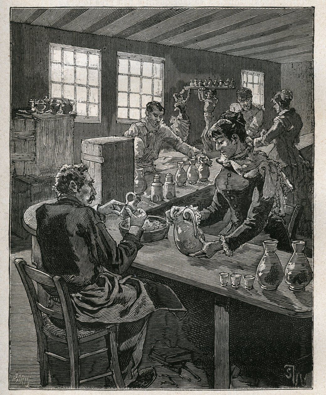 Keramikk: fylling av keramikk. Gravering fra 1885 i "" Les arts et metiers illustres"" av Adolphe BITARD. av Unknown artist
