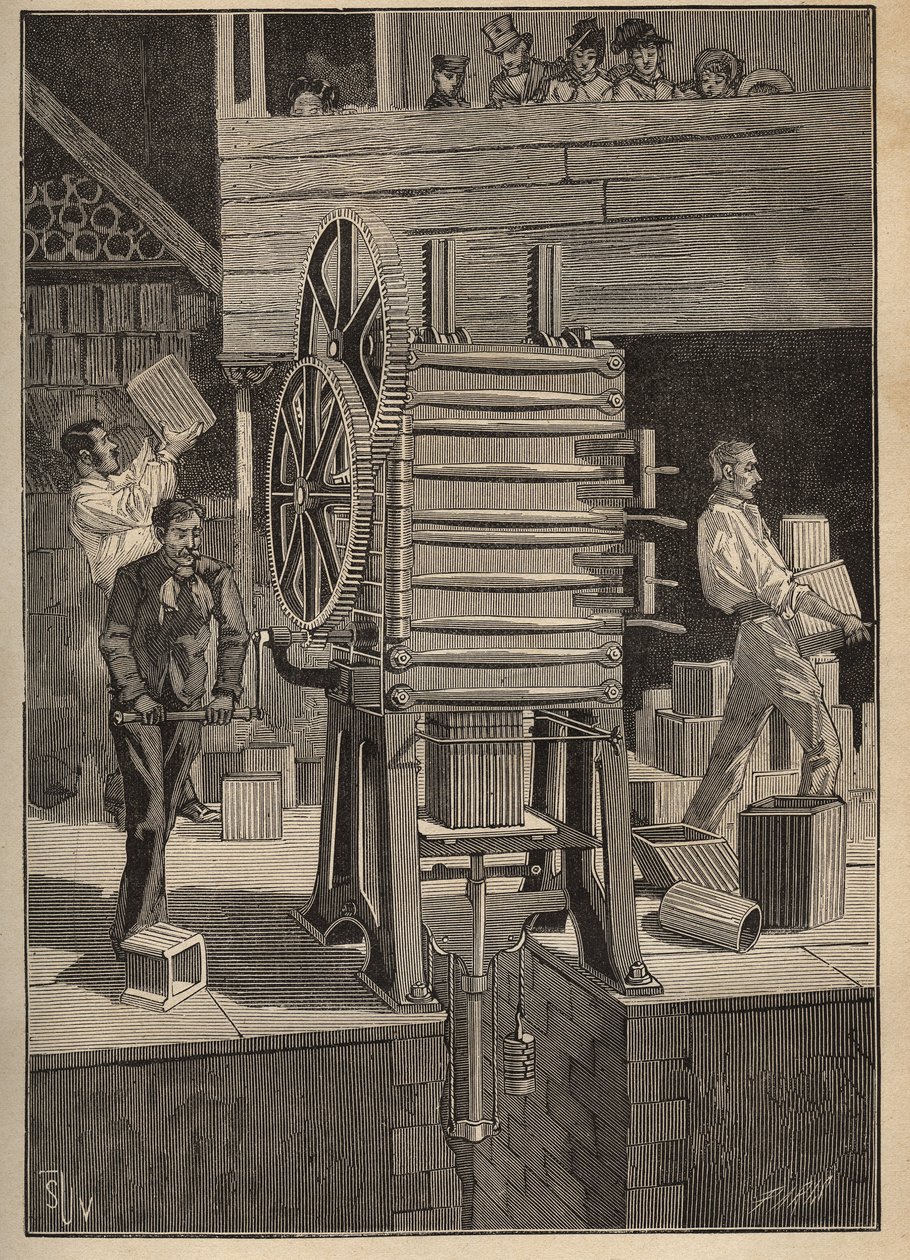 Keramikk: mekanisk støping av hule deler. Gravering fra 1885 i "" Les arts et metiers illustres"" av Adolphe BITARD. av Unknown artist