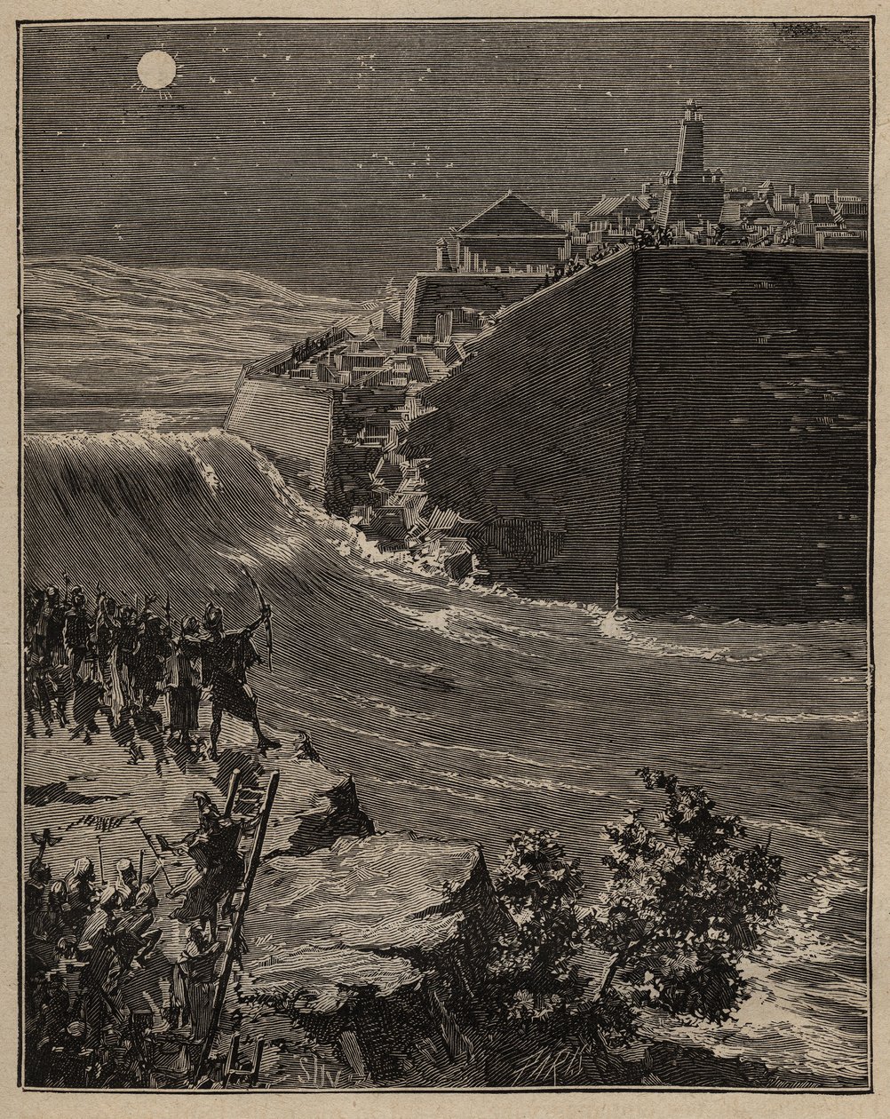 Keramikk: rå murstein i antikkens Hellas. Hæren til Pausanias (5. århundre f.Kr.) omveier en elv for å ødelegge murene av rå murstein som beskytter byen Mantinee. Gravering fra 1885 i "" Les arts et metiers illustres"" av Adolphe BITARD. av Unknown artist