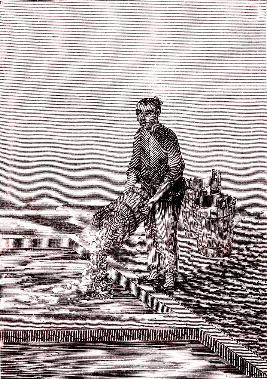 Helling av kalk i et vaskefat, papirproduksjon i Kina (3. århundre f.Kr.) (gravering av Unknown Artist