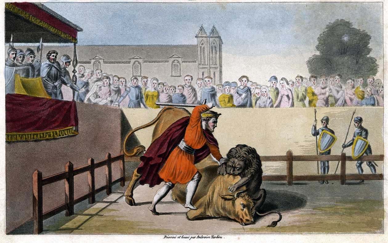 Pépin Le Brief slats a lion fighting a bull - engraving av Unknown artist