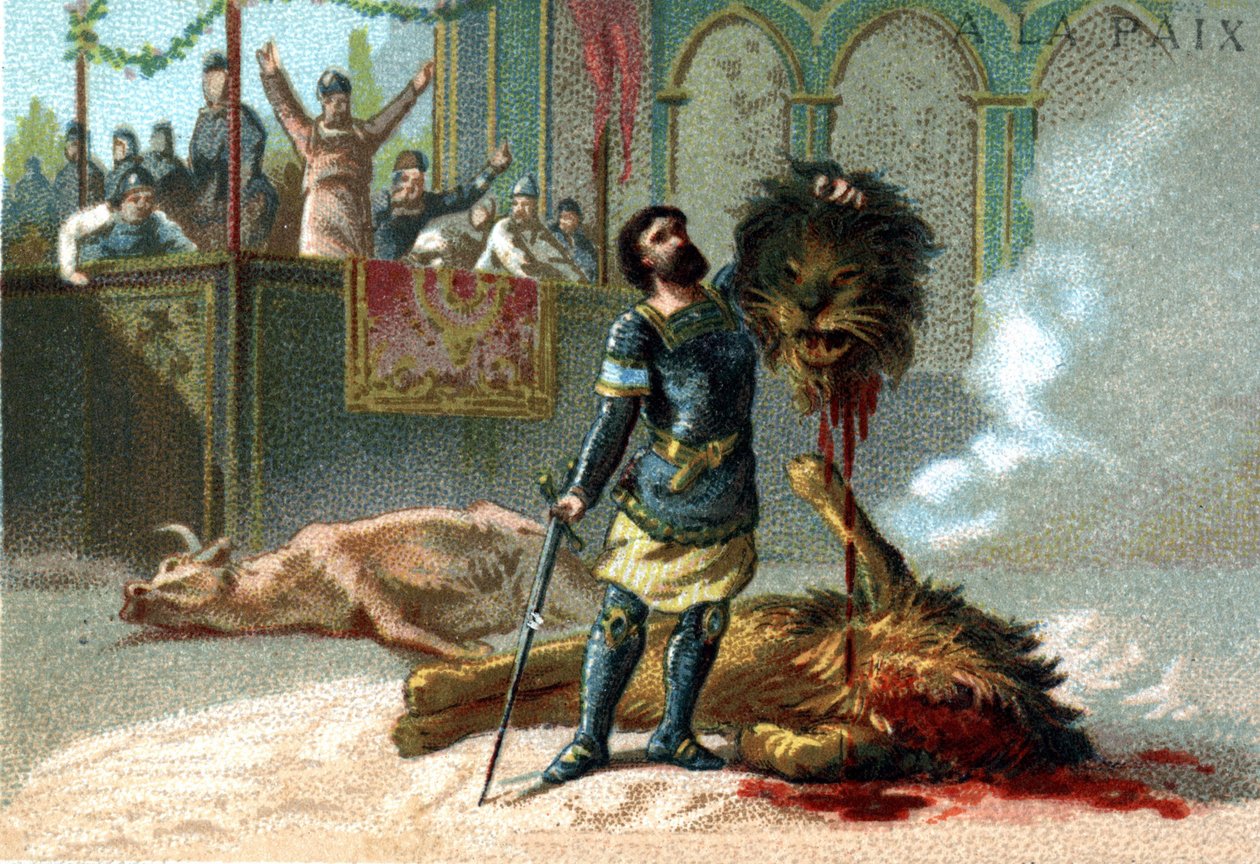 Pépin le Brief (715-768), kongen av frankerne, kjemper mot en løve og en okse under festene som ble gitt for å feire hans kroning i 751. av Unknown artist