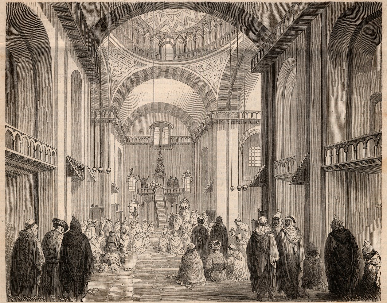Bønner om Ramadan (Muslim Careme) i den store moskeen i Alger i 1862. Gravering i "" Le Monde illustrious"" fra 1862. Privat samling. av Unknown artist