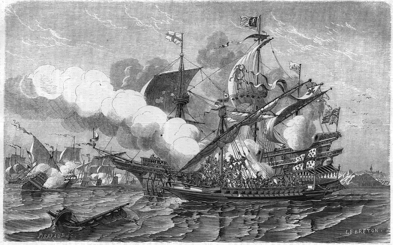 Pregnant angrep den engelske flåten, kommandert av admiral Edward Howarth, april 1513. Gravering av 1800-tallet. av Unknown artist