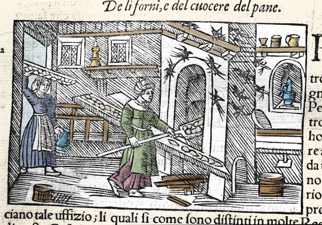 Tilberedning og baking av brød i ovn. Gravering av Olaus Magnus (1490-1557), svensk religiøs og geograf, "Historia de Gentis Septentrionalibus", Venezia av Unknown artist