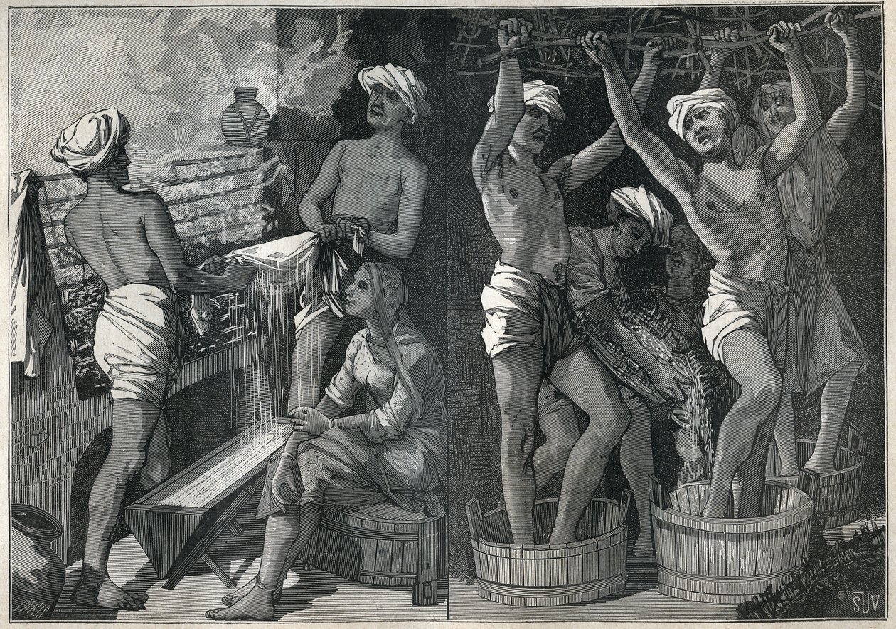 Forberedelse av lakk i India. Gravering fra 1885 i "" Les arts et metiers illustres"" av Adolphe BITARD. av Unknown artist