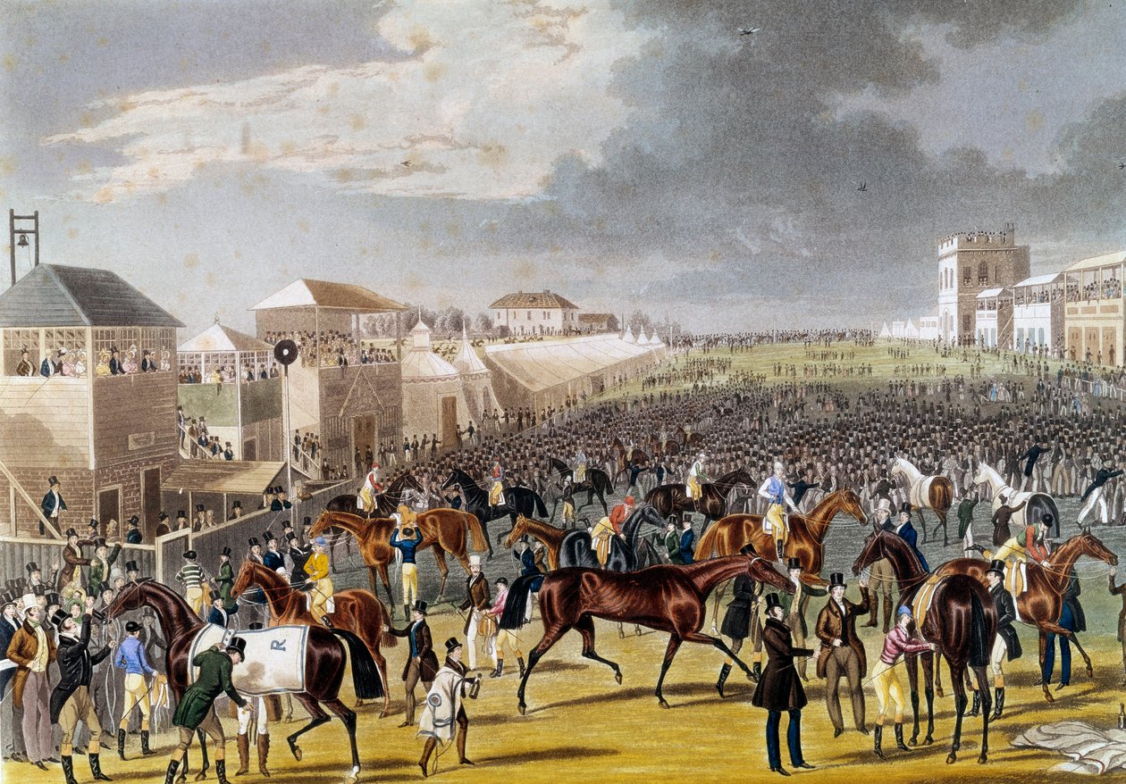 Forberedelser til et Epsom-løp (Epsom Oaks: engelsk hesteveddeløp). Gravering av privatsamlingen fra 1800-tallet av Unknown artist