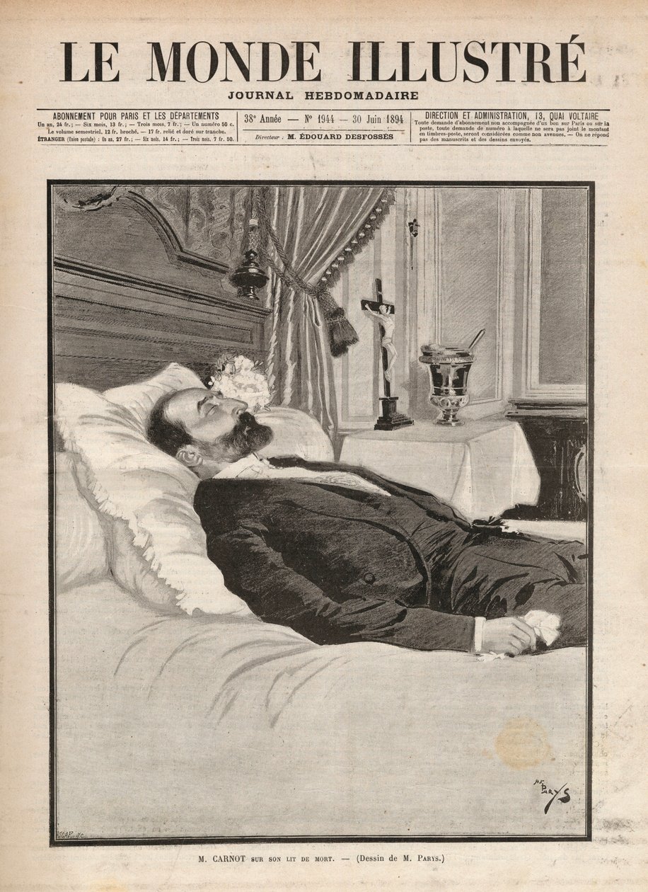 Republikkens president Sadi Carnot (1837-1894) på dødsleiet, i en sammenheng med fagforening og anarkistisk agitasjon, ble han myrdet 24. juni på utstillingen i Lyon, av Sante Caserio (1873-1894) og senere. Gravering i "Le monde illustrious"" f av Unknown artist